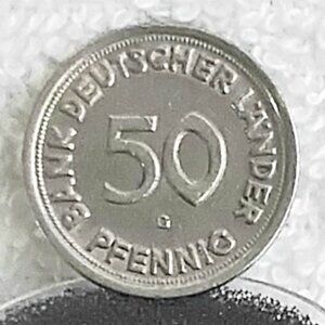 Circulated 1949 German 50 Pfennig Bank Deutscher... Coin Made of Copper/Nickel!!